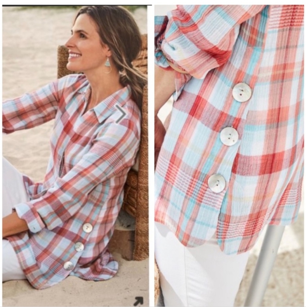 Soft Surroundings Lani Shore Plaid Shirt Top Pink Blue Mother Of Pearl Buttons M
